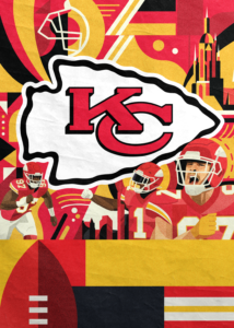 Graphic with the logo of the Kansas City Chiefs, three football players and a football.